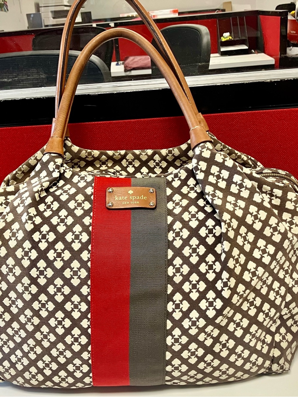 Kate Spade “Stevie” Bag Brown & Red Striped Patterned Tote with Tan Handles